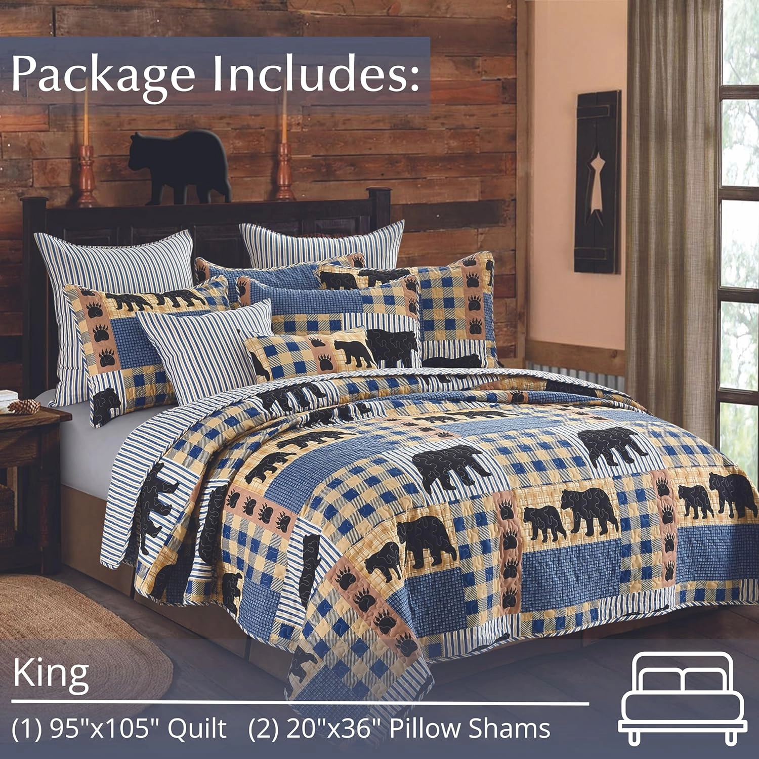 Virah Bella 3 Piece King Lodge Quilt Bedding Set - Black Bear Plaid - Rustic Cabin Country Reversible Camping Comforter Set with Decorative Pillow Shams, Blue/Black
