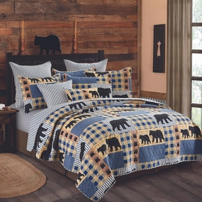 Virah Bella 3 Piece King Lodge Quilt Bedding Set - Black Bear Plaid - Rustic Cabin Country Reversible Camping Comforter Set with Decorative Pillow Shams, Blue/Black