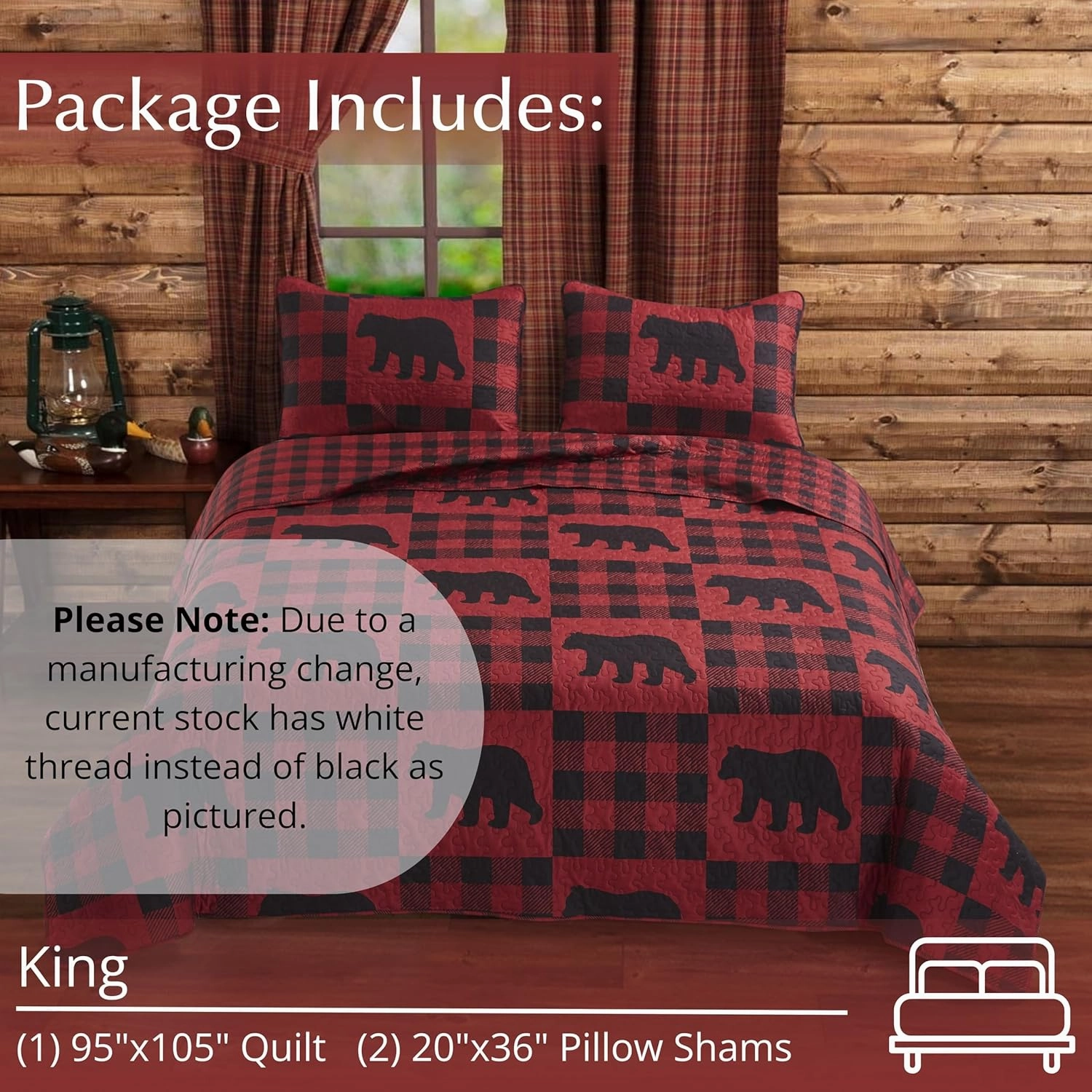 Virah Bella 3 Piece King Lodge Quilt Bedding Set - Buffalo Bear Plaid Red - Rustic Cabin Country Reversible Camping Comforter Set with Decorative Pillow Shams, Red/Black