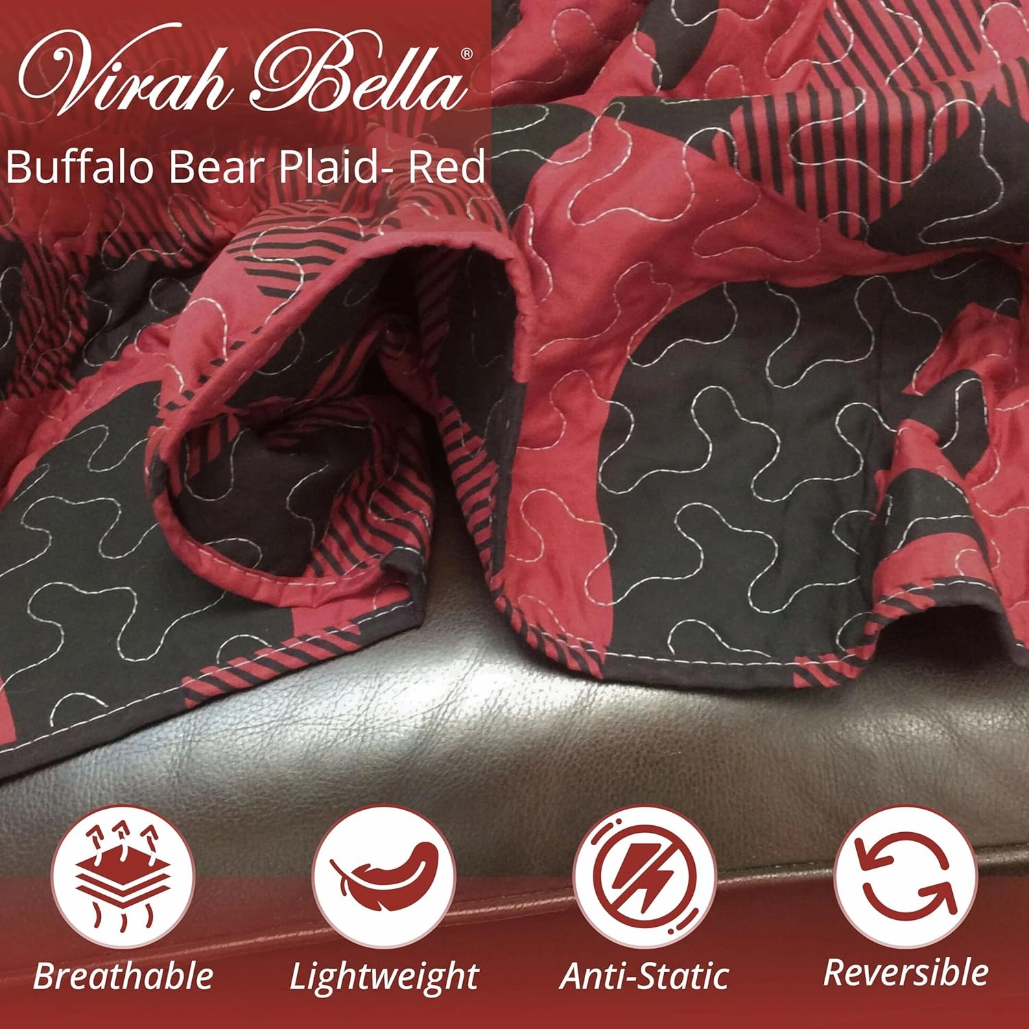 Virah Bella 3 Piece King Lodge Quilt Bedding Set - Buffalo Bear Plaid Red - Rustic Cabin Country Reversible Camping Comforter Set with Decorative Pillow Shams, Red/Black
