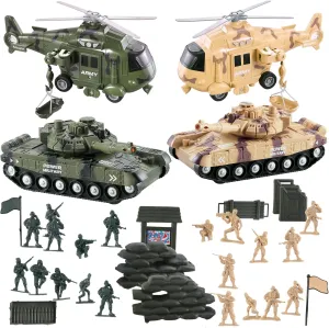 Vokodo 5 Pack Armed Forces Vehicle Bundle Toy Playsets, Friction Power Vehicles Includes Helicopter, Tank and Army Figurines, Military Car, Truck Pretend Play Toys Toddler Kids Boys