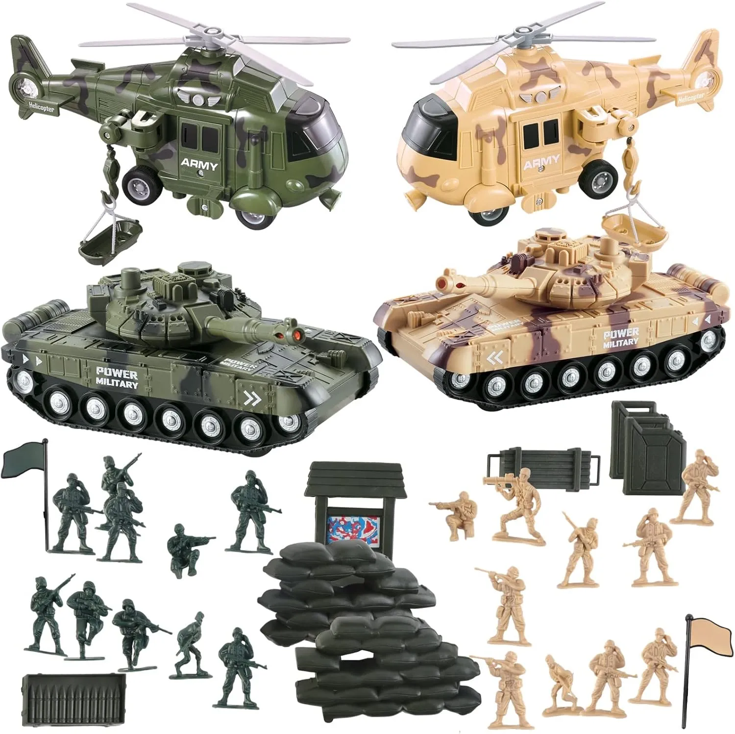 Vokodo 5 Pack Armed Forces Vehicle Bundle Toy Playsets, Friction Power Vehicles Includes Helicopter, Tank and Army Figurines, Military Car, Truck Pretend Play Toys Toddler Kids Boys