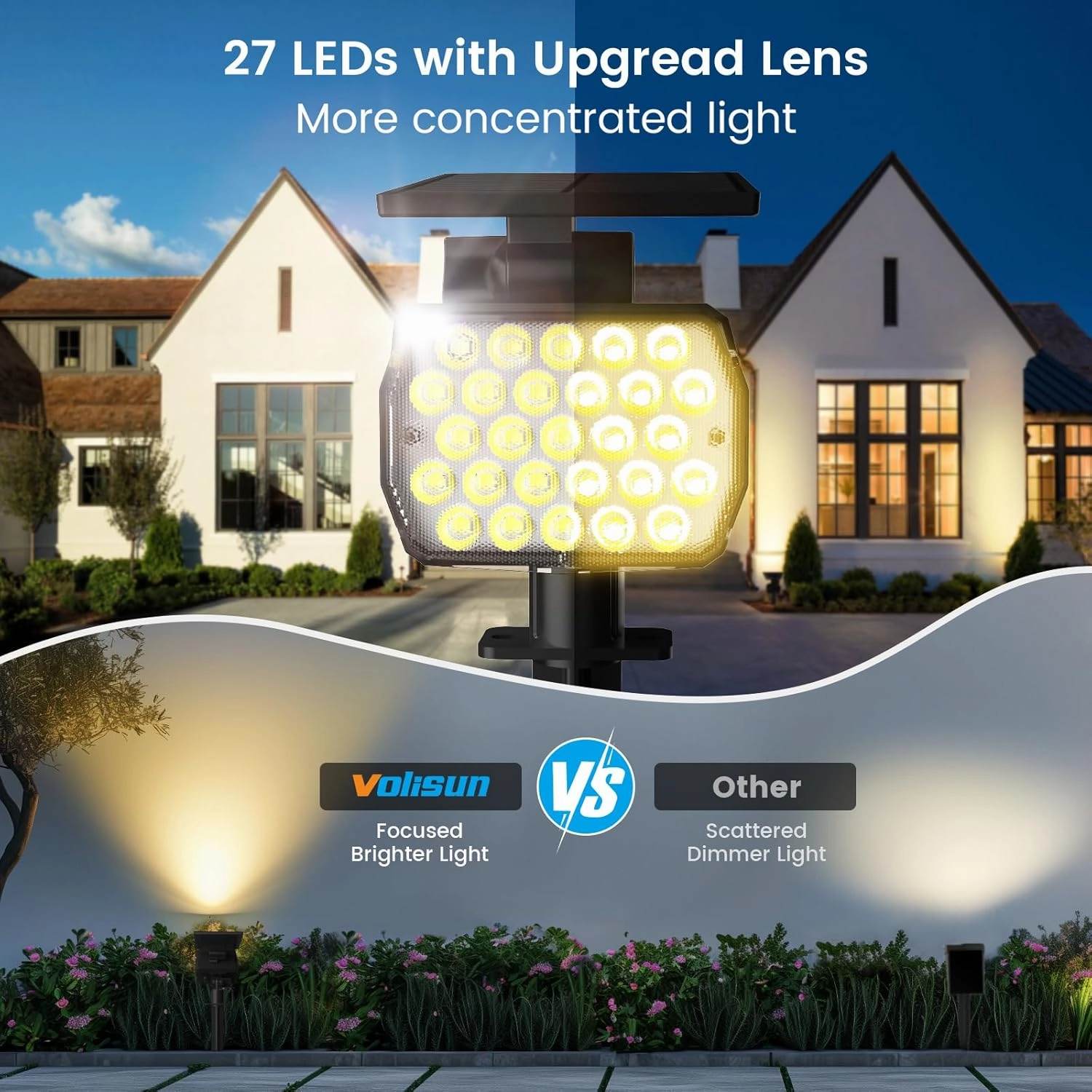 VOLISUN Solar Landscape Spotlights Adjustable Outdoor, Uplights Solar Waterproof IP67, Spot Lights Solar Powered for House,Tree,27 LED with 3 Lighting Modes(12 Pack- Warm White)