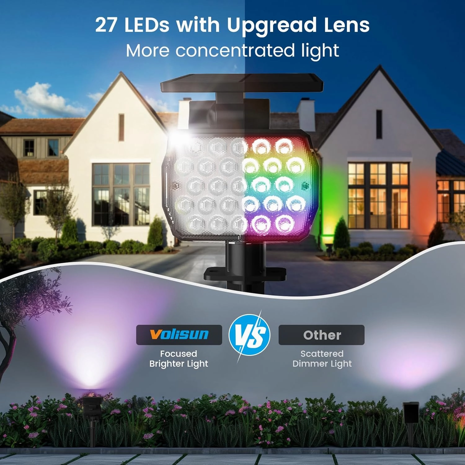 VOLISUN Solar Landscape Spotlights Adjustable Outdoor, Uplights Solar Waterproof IP67, Spot Lights Solar Powered for House,Tree,27 LED with 6 Colors Changing(12 Pack- RGB)