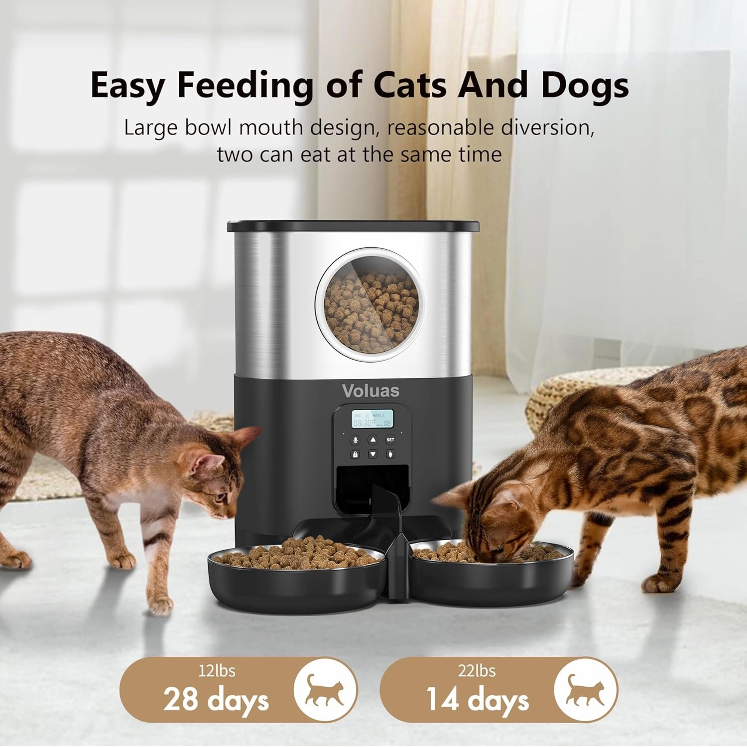 VOLUAS Automatic Cat Feeders for Two Cats, Pet Feeder for Cats and Dogs Timed Cat Feeder Pet Dry Food Dispenser, Black