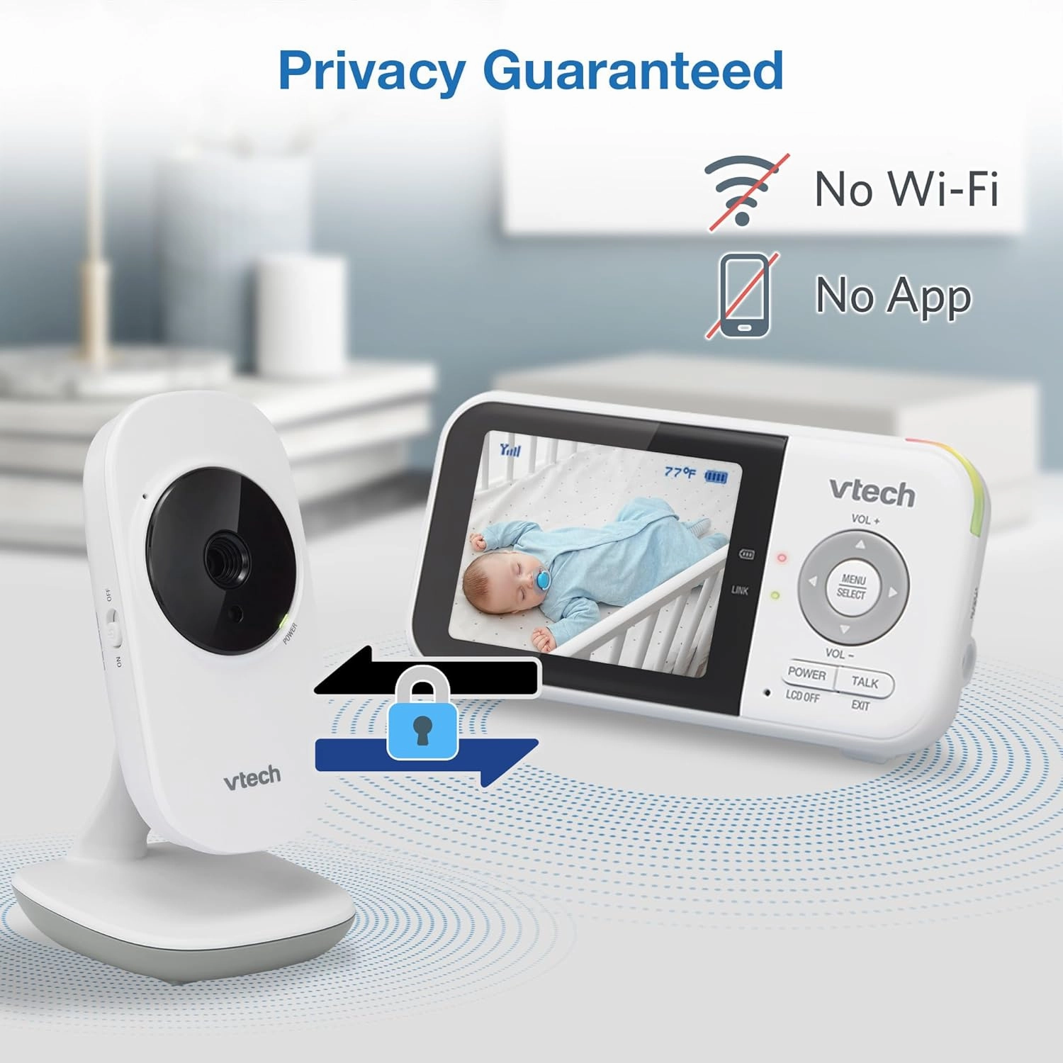 VTech VM819 Baby Monitor with Camera and Audio, 2.8” Screen Portable Baby Camera, Night Vision, 2-Way Audio, Temperature Sensor and Lullabies, Secure Transmission No WiFi, Ideal for Baby/Elderly/Pet