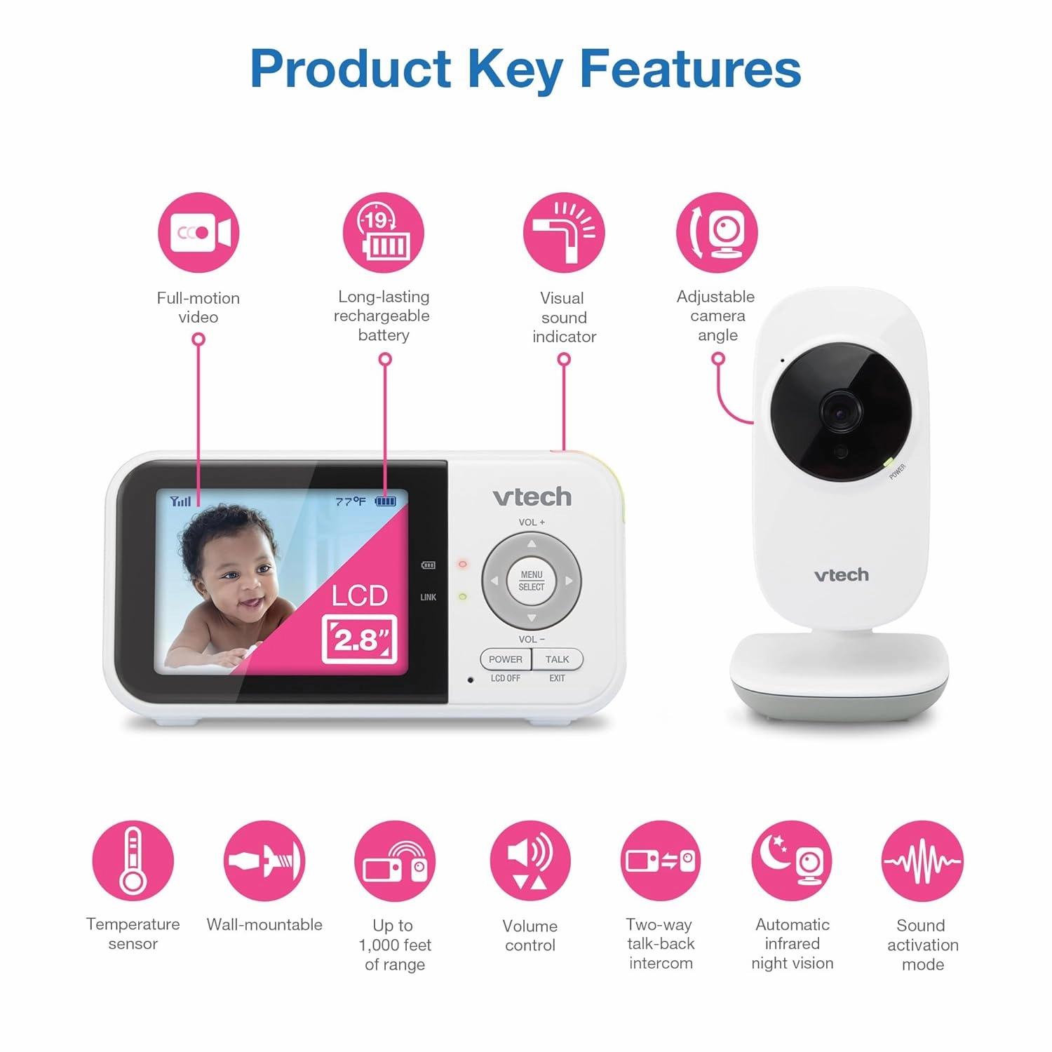 VTech VM819 Baby Monitor with Camera and Audio, 2.8” Screen Portable Baby Camera, Night Vision, 2-Way Audio, Temperature Sensor and Lullabies, Secure Transmission No WiFi, Ideal for Baby/Elderly/Pet