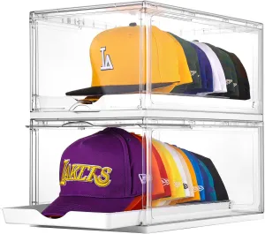 Vtopmart 2 Pack Hat Organizer for Baseball Caps, Clear Hats Holder Box with Drawer, Large Cap Storage with Sliding Tray, Stackable Rack Display Case with Magnetic Door, Each Holds 12 Hats