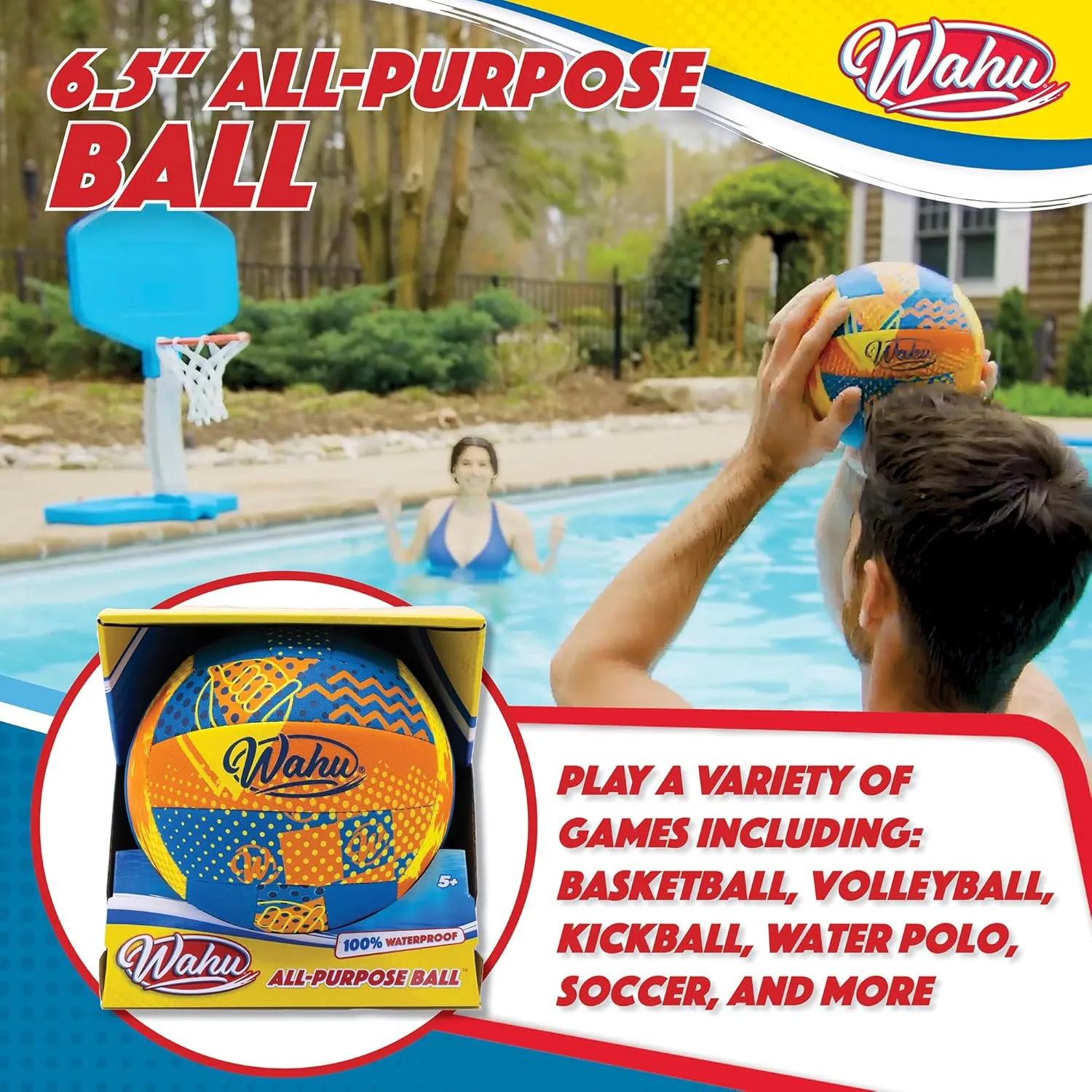 Wahu 100% Waterproof All-Purpose Pool Ball for Beach Volleyball, Soccer, and More, 6.5" Round Water Ball for Beach and Pool Sports Games, Orange
