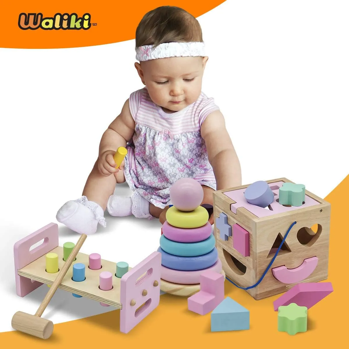 WALIKI Deluxe Wooden Toy Bundle for Girls | Pastel Pounding Bench, Shape Sorter Box & Rainbow Stacker | Montessori Toys for Toddlers & Preschoolers | Ages 2-5 | Educational Gift