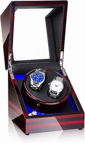 Watch Winder Automatic Watch Winder Box for 2 Watches Wooden Double Watch Winder Case with Blue LED Backlight Motor and Power Supply 5 Roation Modes Watch Winde