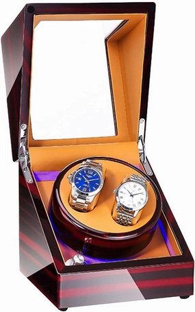 Watch Winder Automatic Watch Winder Box for 2 Watches Wooden Double Watch Winder Case with Blue LED Backlight Motor and Power Supply 5 Roation Modes Watch Winder