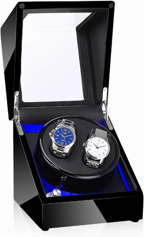 Watch Winder Box 2 For Automatic Watches Compatible With Couple Size, Wood Piano Paint Case,Pu Leather Lining Ac Or Battery Powered Super Quiet Japanese Motor,Black 01