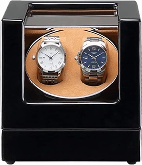 Watch Winder Box for Automatic Watches Or Compatible with Couple Size Double Wood Watch Storage Display Case with Blue Led Backlight AC Or Battery Powered Quiet Japanese Motor (Black 02)