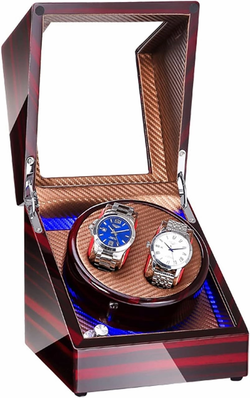 Watch Winder Double Watch Winder with Blue Led Backlight - Wooden Piano Paint - Carbon Fiber Lining - Storage for 2 Watches Travel Case - Quiet Motor - 5 Modes - Double Power Suppl
