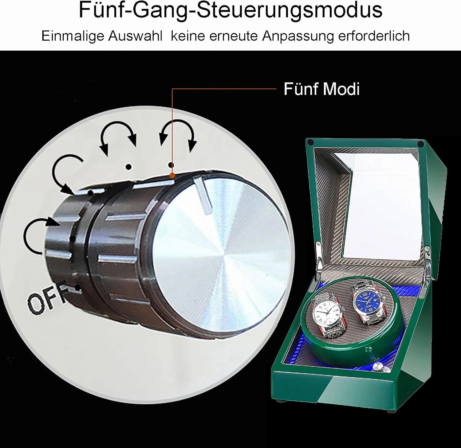 Watch Winder Double Watch Winder with Blue Led Backlight - Wooden Piano Paint - Carbon Fiber Lining - Storage for 2 Watches Travel Case - Quiet Motor - 5 Modes - Double Power Suppl