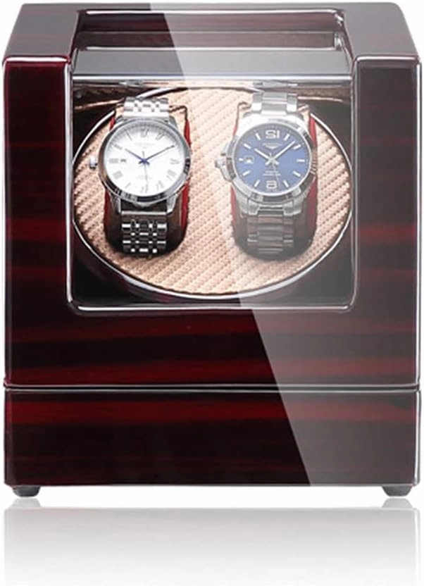 Watch Winder Double Watch Winder with Blue Led Backlight - Wooden Piano Paint - Carbon Fiber Lining - Storage for 2 Watches Travel Case - Quiet Motor - 5 Modes - Double Power Suppl