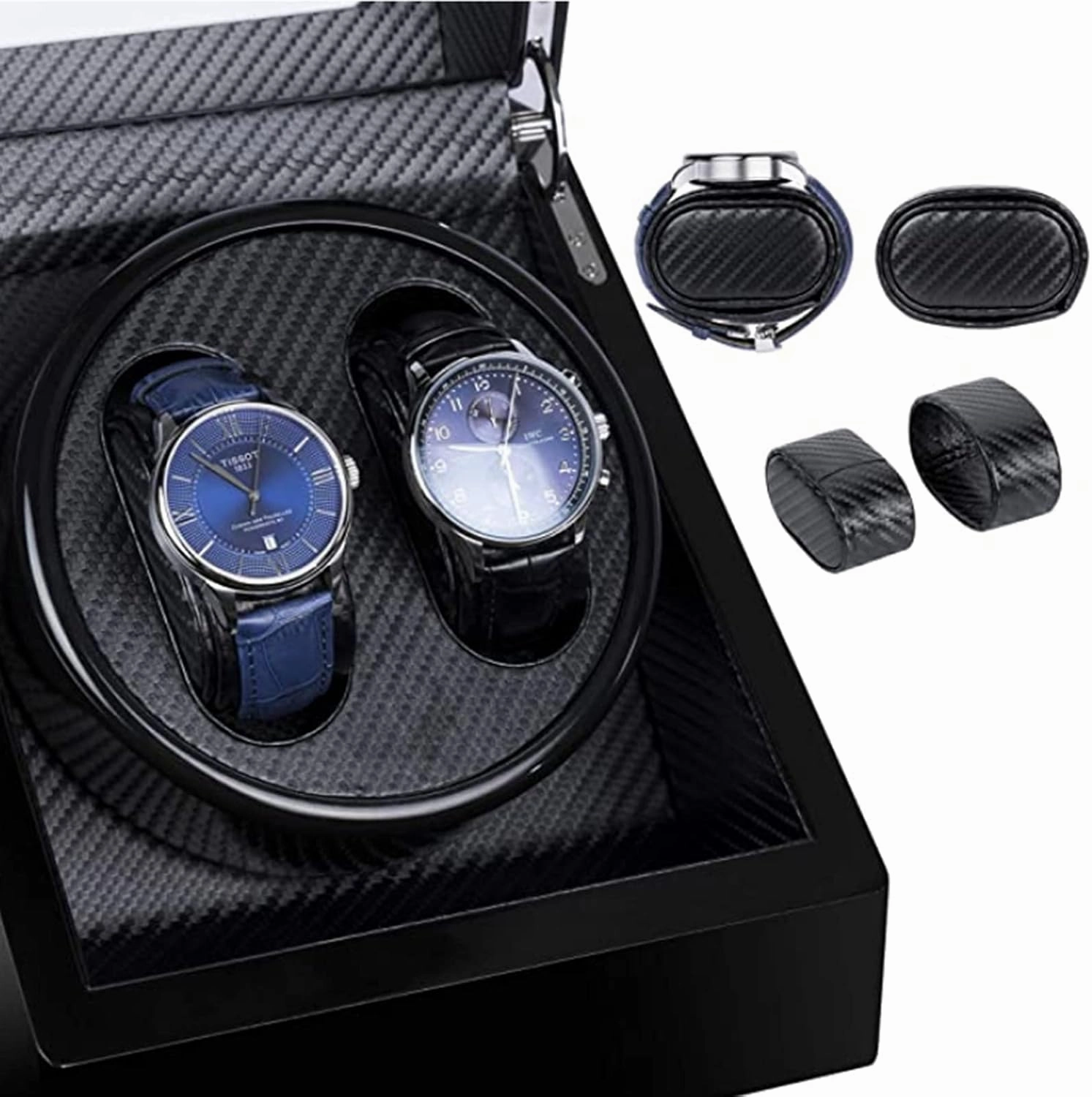 Watch Winder Double Watch Winder with Blue Led Backlight - Wooden Piano Paint - Carbon Fiber Lining - Storage for 2 Watches Travel Case - Quiet Motor - 5 Modes - Double Power Suppl