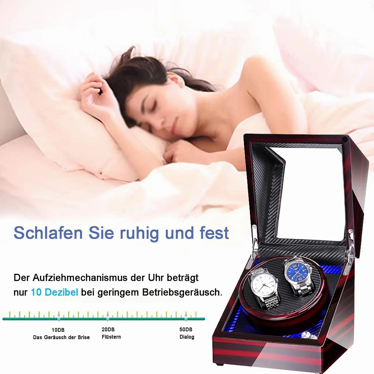 Watch Winder Double Watch Winder with Blue Led Backlight - Wooden Piano Paint - Carbon Fiber Lining - Storage for 2 Watches Travel Case - Quiet Motor - 5 Modes - Double Power Suppl