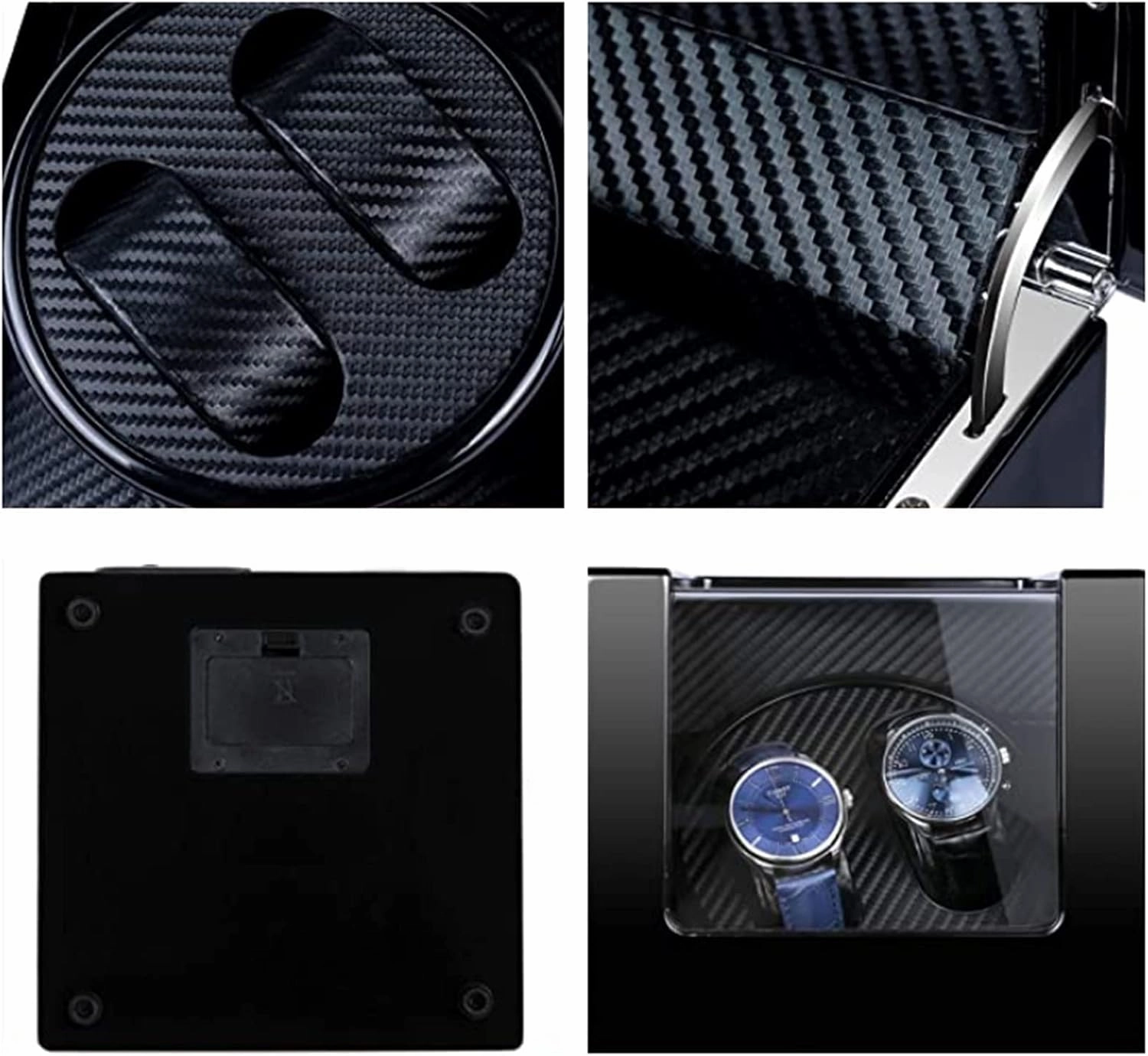 Watch Winder Double Watch Winder with Blue Led Backlight - Wooden Piano Paint - Carbon Fiber Lining - Storage for 2 Watches Travel Case - Quiet Motor - 5 Modes - Double Power Suppl