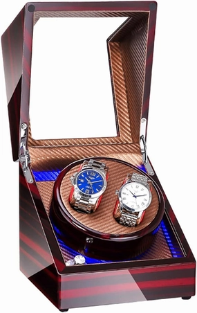 Watch Winder Double Watch Winder with Blue Led Backlight - Wooden Piano Paint - Carbon Fiber Lining - Storage for 2 Watches Travel Case - Quiet Motor - 5 Modes - Double Power Suppl