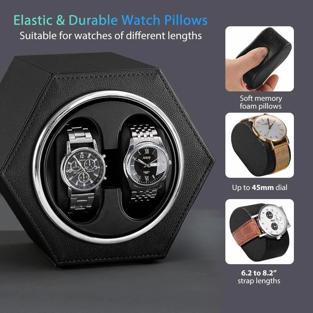 Watch Winder for Automatic Watches, Japanese Motor & PU Leather, Double Watch Rotator with Soft Pillow,2 Rotating Modes– Quiet Operation