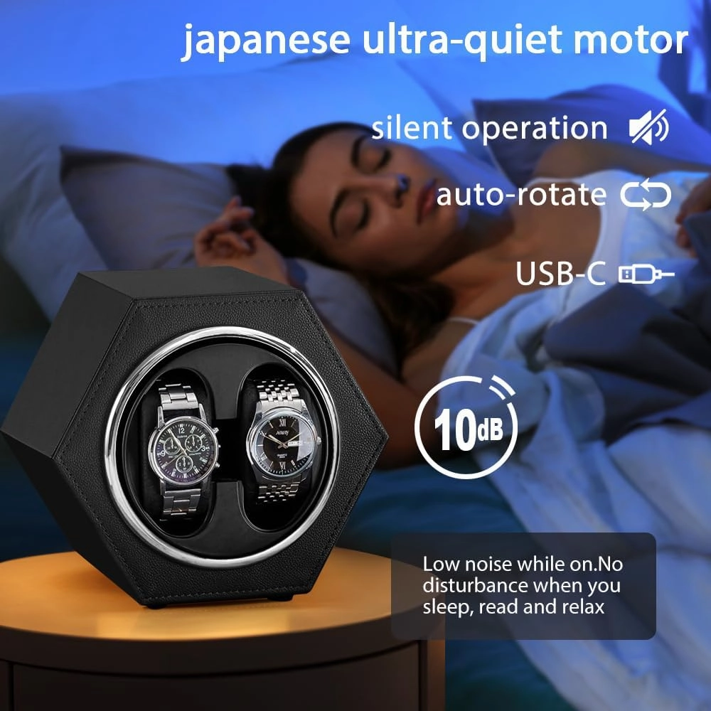 Watch Winder for Automatic Watches, Japanese Motor & PU Leather, Double Watch Rotator with Soft Pillow,2 Rotating Modes– Quiet Operation