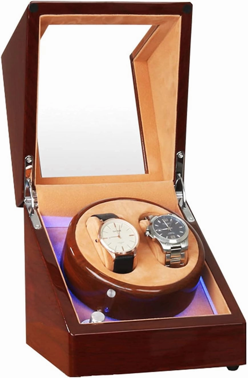Watch Winder Watch Winder Box for Automatic Watches Or Compatible with Couple Size Double Wood Watch Storage Display Case with Blue Led Backlight AC Or Battery Powered Quiet Japane