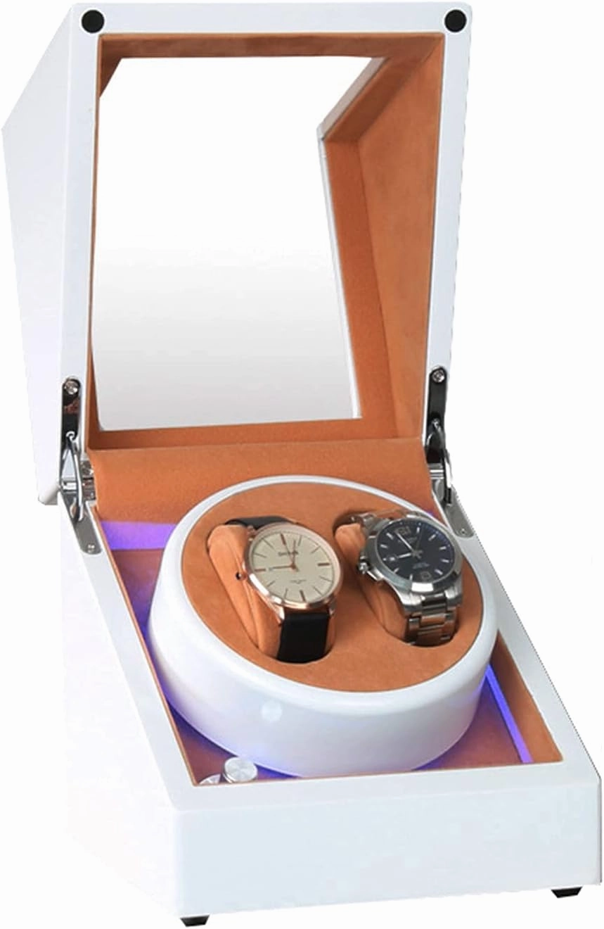 Watch Winder Watch Winder Box for Automatic Watches Or Compatible with Couple Size Double Wood Watch Storage Display Case with Blue Led Backlight AC Or Battery