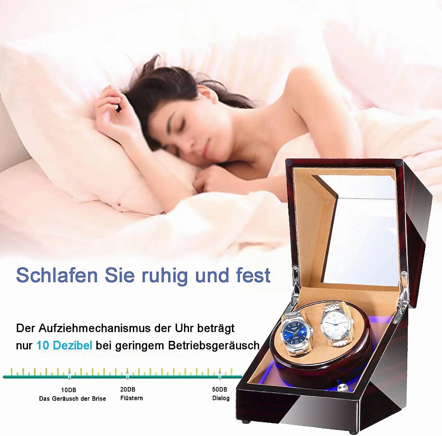 Watch Winder Watch Winder Box for Automatic Watches Or Compatible with Couple Size Double Wood Watch Storage Display Case with Blue Led Backlight AC Or Battery