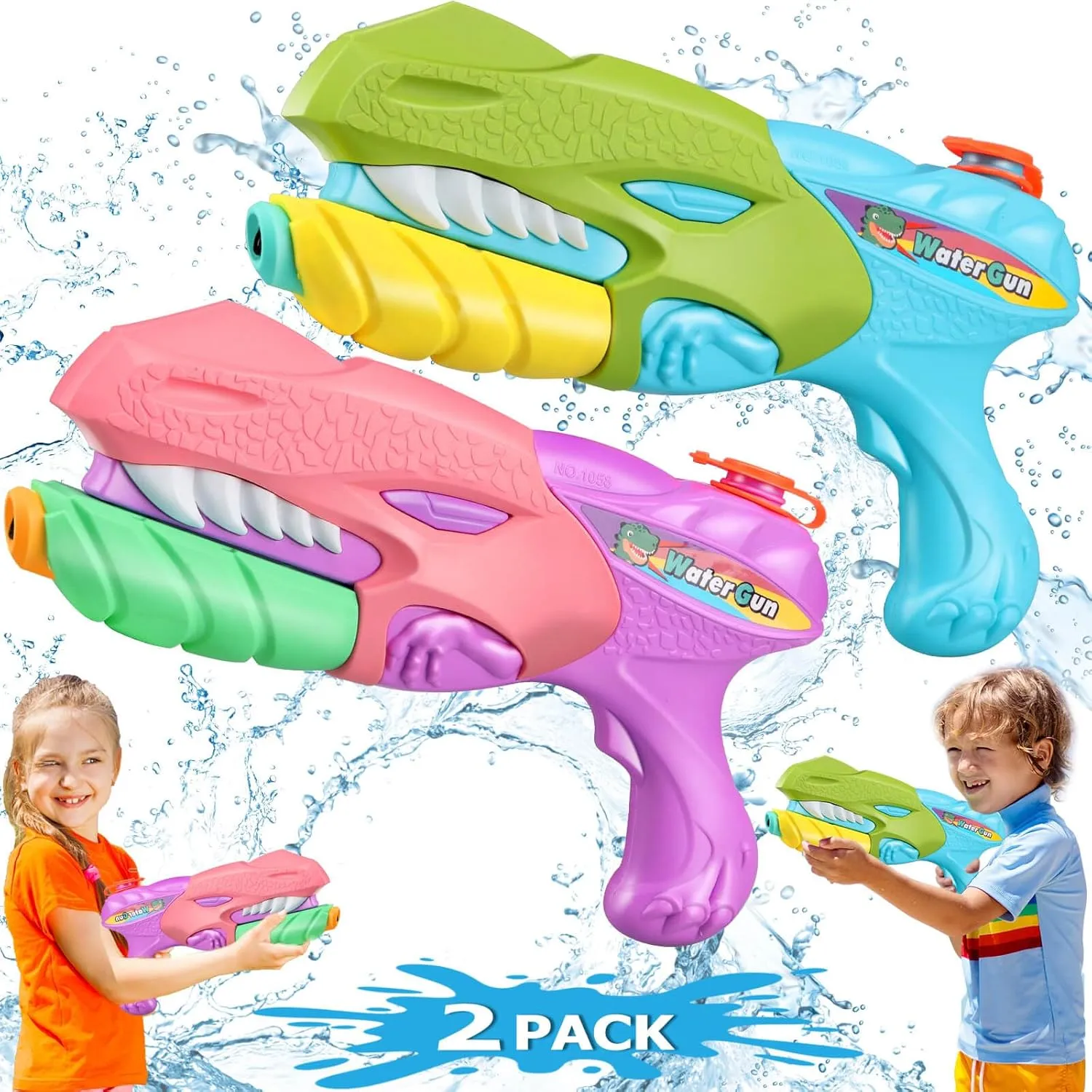 Water Gun 2 Pack, Dinosaur Squirt Guns for Kids Ages 3-12, Pistol Toys for 3 4 5 6 8 12 Year Old Boys, Outdoor Toys for Kids Ages 4-8, Pool Outside Beach Toy for Boy Adults Toddler