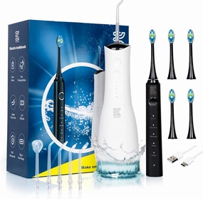 Water Dental Flosser and Sonic Electric Toothbrush, 40000 VPM, 4 Cleaning Modes, 380ML Large Tang & 4 Different Tips and 4 Brush Heads, Travel Case, Rechargeable USB C,
