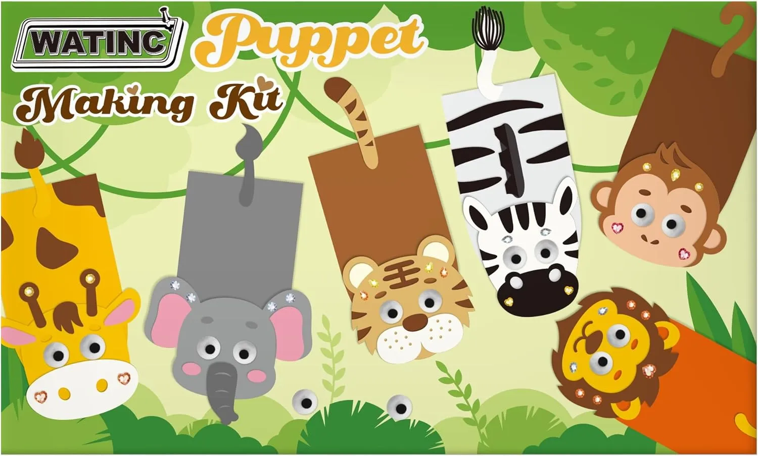 WATINC 6Pcs Hand Puppet Making Kit, Art Craft Felt Sock Puppet Toys, Creative DIY Make Your Own Pompoms Wiggle Googly Eyes Storytelling Role Play Party Supplies Gift for Girls Boys (Wild Animals)