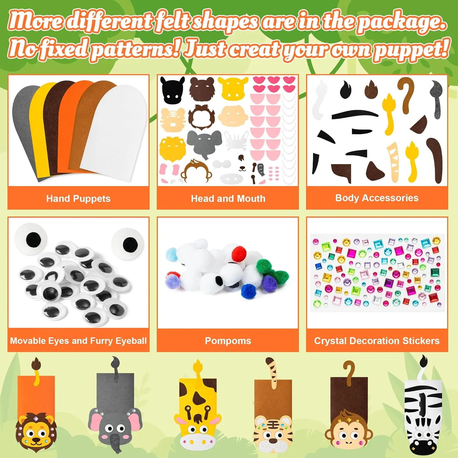 WATINC 6Pcs Hand Puppet Making Kit, Art Craft Felt Sock Puppet Toys, Creative DIY Make Your Own Pompoms Wiggle Googly Eyes Storytelling Role Play Party Supplies Gift for Girls Boys (Wild Animals)