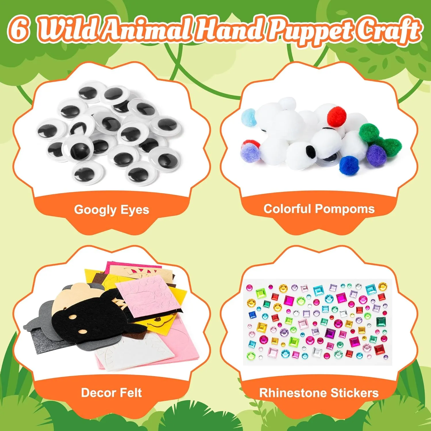 WATINC 6Pcs Hand Puppet Making Kit, Art Craft Felt Sock Puppet Toys, Creative DIY Make Your Own Pompoms Wiggle Googly Eyes Storytelling Role Play Party Supplies Gift for Girls Boys (Wild Animals)