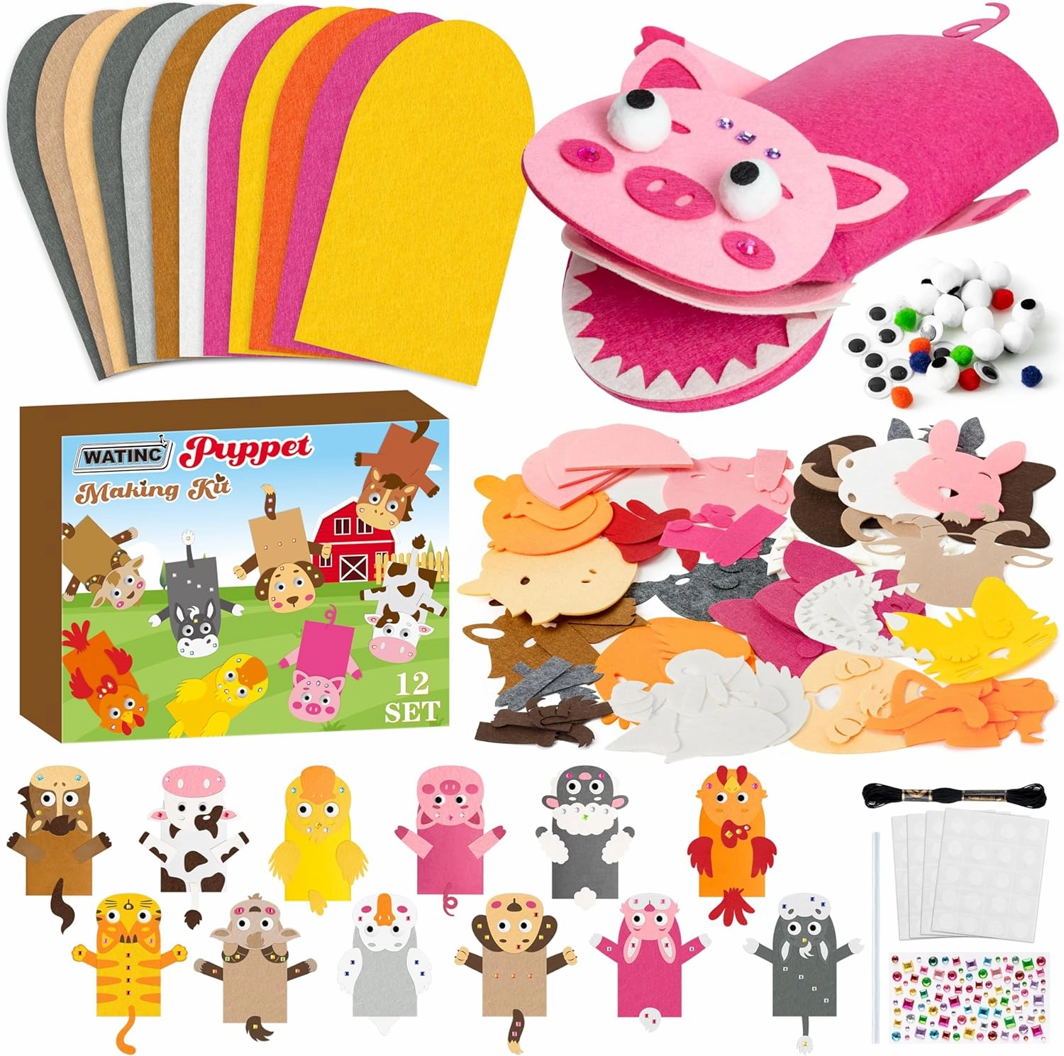 WATINC 12 Pcs Hand Puppet Making Kit, Art Craft Felt Sock Puppet Toys, Creative DIY Make Your Own Pompoms Wiggle Googly Eyes Storytelling Role Play Party Supplies Gift for Girls Boys (Farm Animals)