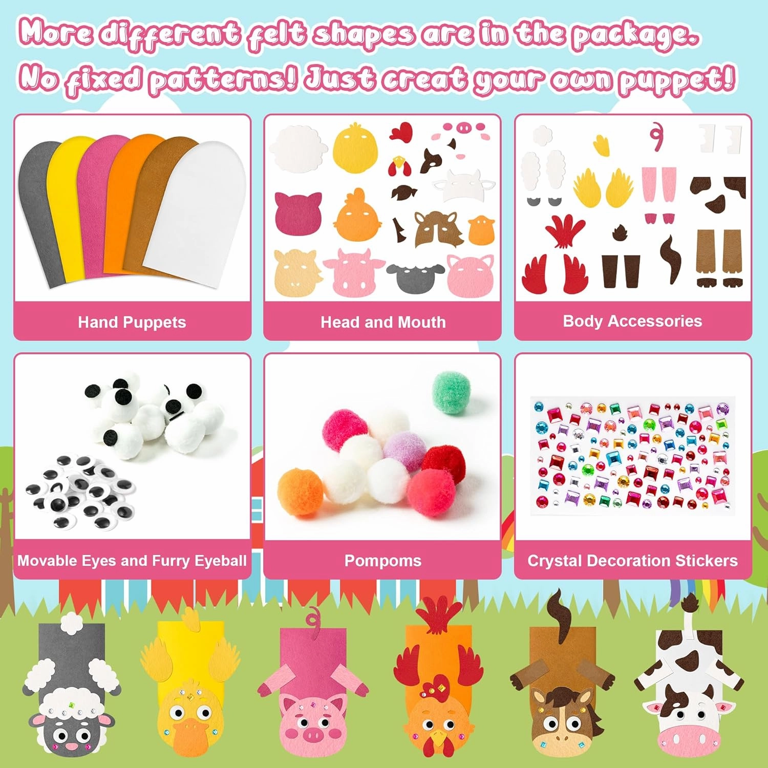 WATINC 6Pcs Hand Puppet Making Kit, Art Craft Felt Sock Puppet Toys, Creative DIY Make Your Own Pompoms Wiggle Googly Eyes Storytelling Role Play Party Supplies Gift for Girls Boys (Farm Animals)