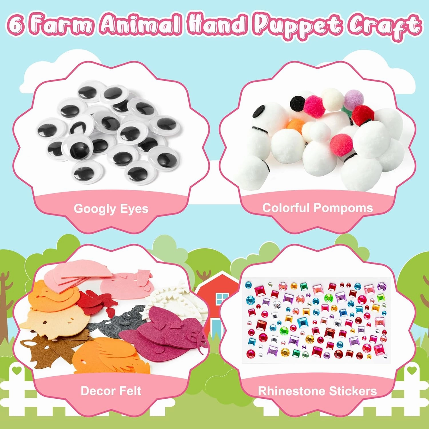 WATINC 6Pcs Hand Puppet Making Kit, Art Craft Felt Sock Puppet Toys, Creative DIY Make Your Own Pompoms Wiggle Googly Eyes Storytelling Role Play Party Supplies Gift for Girls Boys (Farm Animals)