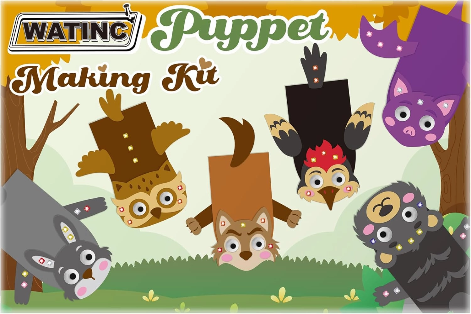 WATINC 6Pcs Hand Puppet Making Kit, Art Craft Felt Sock Puppet Toys, Creative DIY Make Your Own Pompoms Wiggle Googly Eyes Storytelling Role Play Party Supplies Gift for Girls Boys (Woodland B)