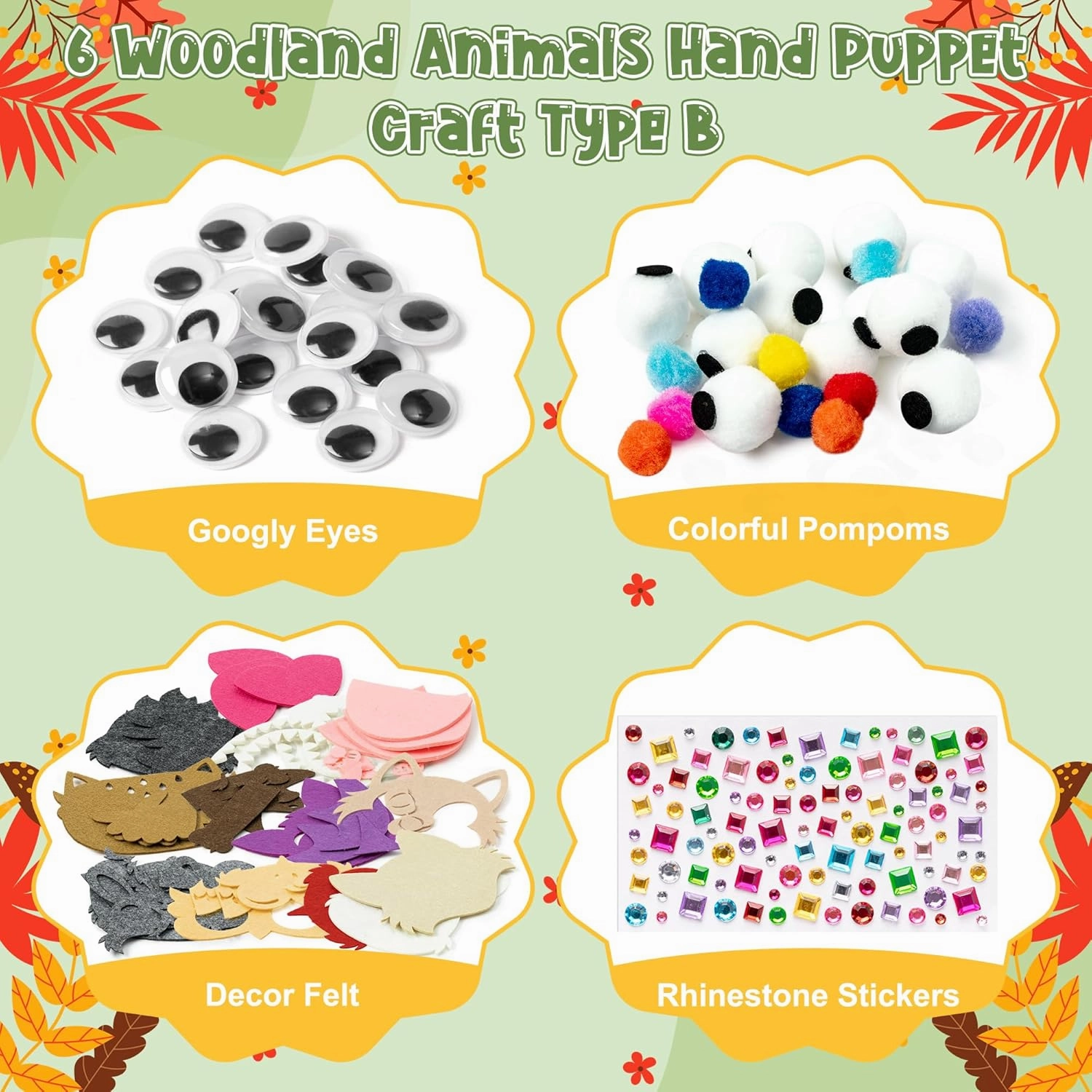 WATINC 6Pcs Hand Puppet Making Kit, Art Craft Felt Sock Puppet Toys, Creative DIY Make Your Own Pompoms Wiggle Googly Eyes Storytelling Role Play Party Supplies Gift for Girls Boys (Woodland B)
