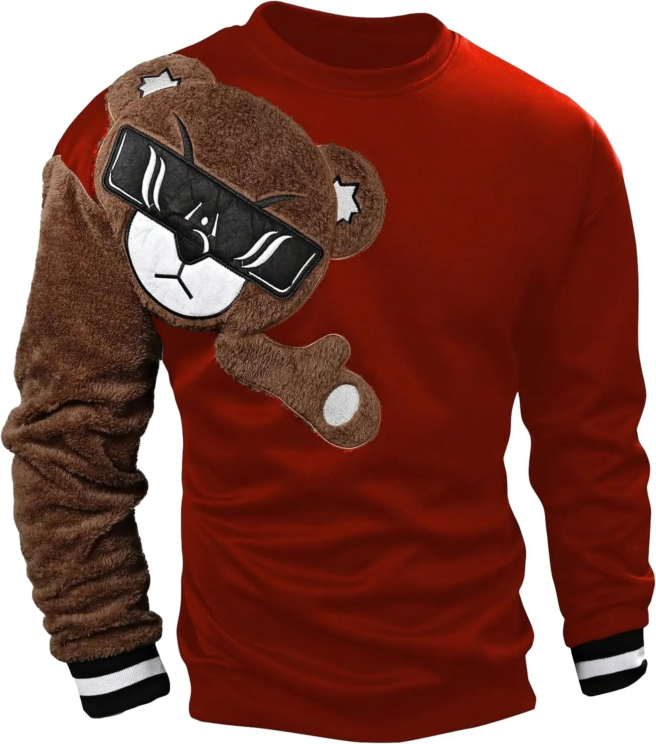 WDIRARA Men's Bear Patched Drop Shoulder Sweatshirt Round Neck Long Sleeve Pullover Sweatshirts