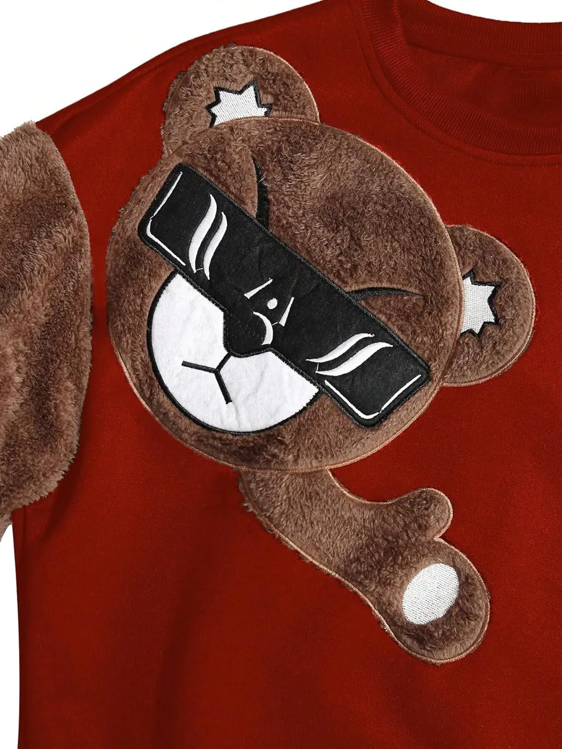 WDIRARA Men's Bear Patched Drop Shoulder Sweatshirt Round Neck Long Sleeve Pullover Sweatshirts