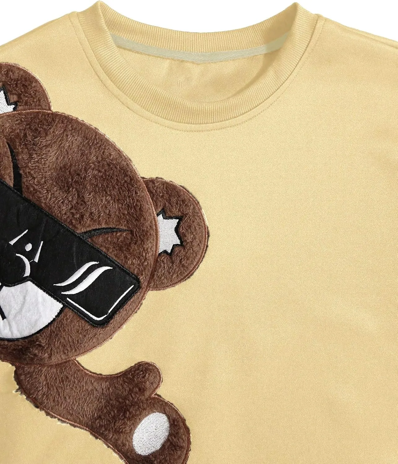 WDIRARA Men's Bear Patched Drop Shoulder Sweatshirt Round Neck Long Sleeve Pullover Sweatshirts