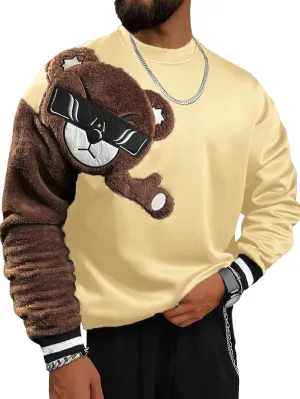 WDIRARA Men's Bear Patched Drop Shoulder Sweatshirt Round Neck Long Sleeve Pullover Sweatshirts