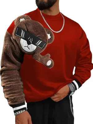 WDIRARA Men's Bear Patched Drop Shoulder Sweatshirt Round Neck Long Sleeve Pullover Sweatshirts