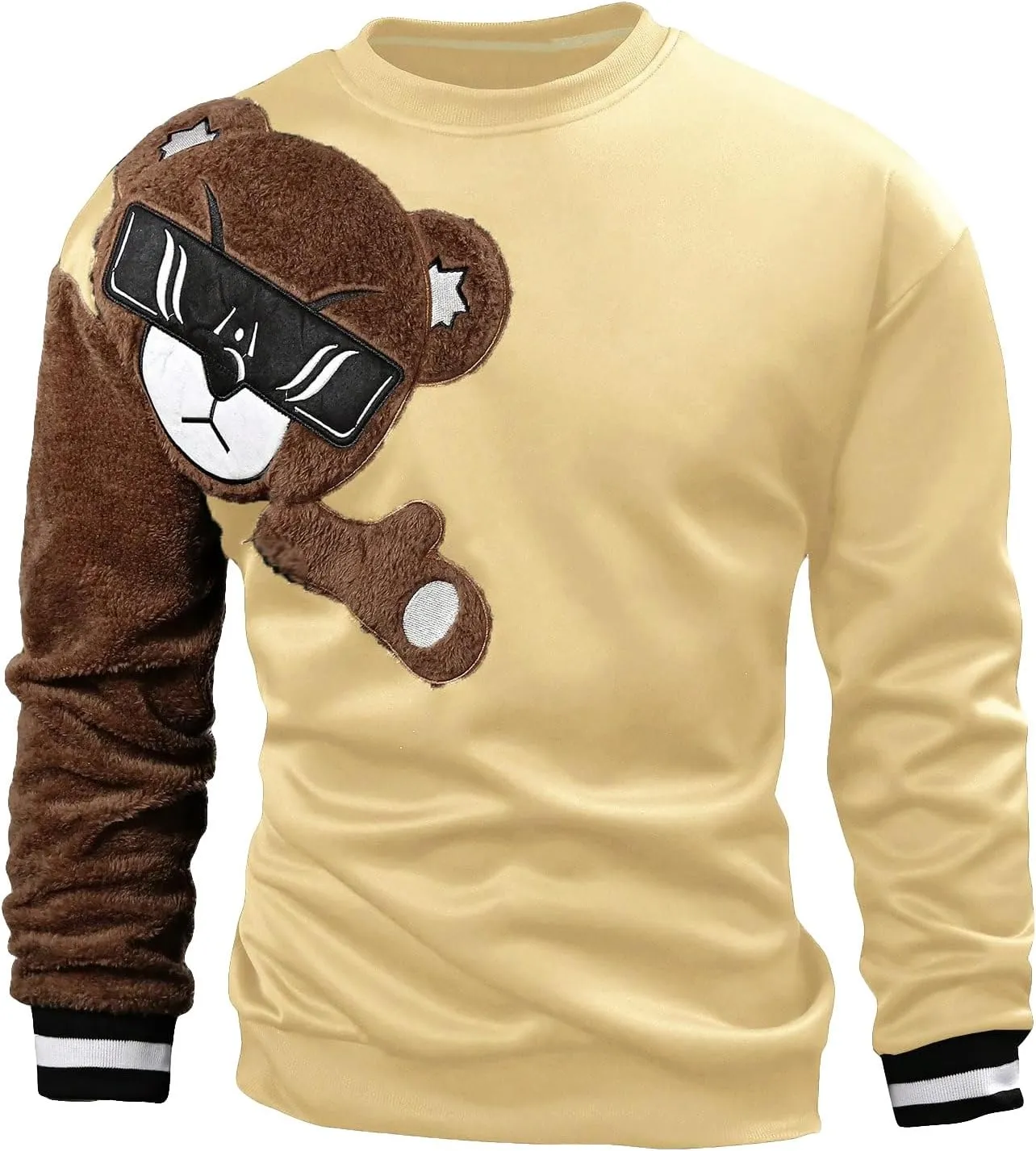 WDIRARA Men's Bear Patched Drop Shoulder Sweatshirt Round Neck Long Sleeve Pullover Sweatshirts