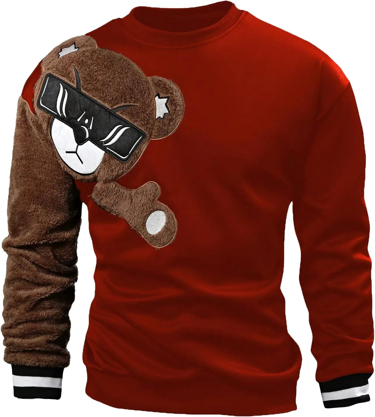 WDIRARA Men's Bear Patched Drop Shoulder Sweatshirt Round Neck Long Sleeve Pullover Sweatshirts