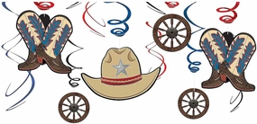 Western Party Hanging Swirl Decorations - (6 Packs of 12) - Red & Blue Swirl W/ Cowboy Cutouts, Perfect for Rustic, Rodeo & Wild West Themed Events - 72 Pc.