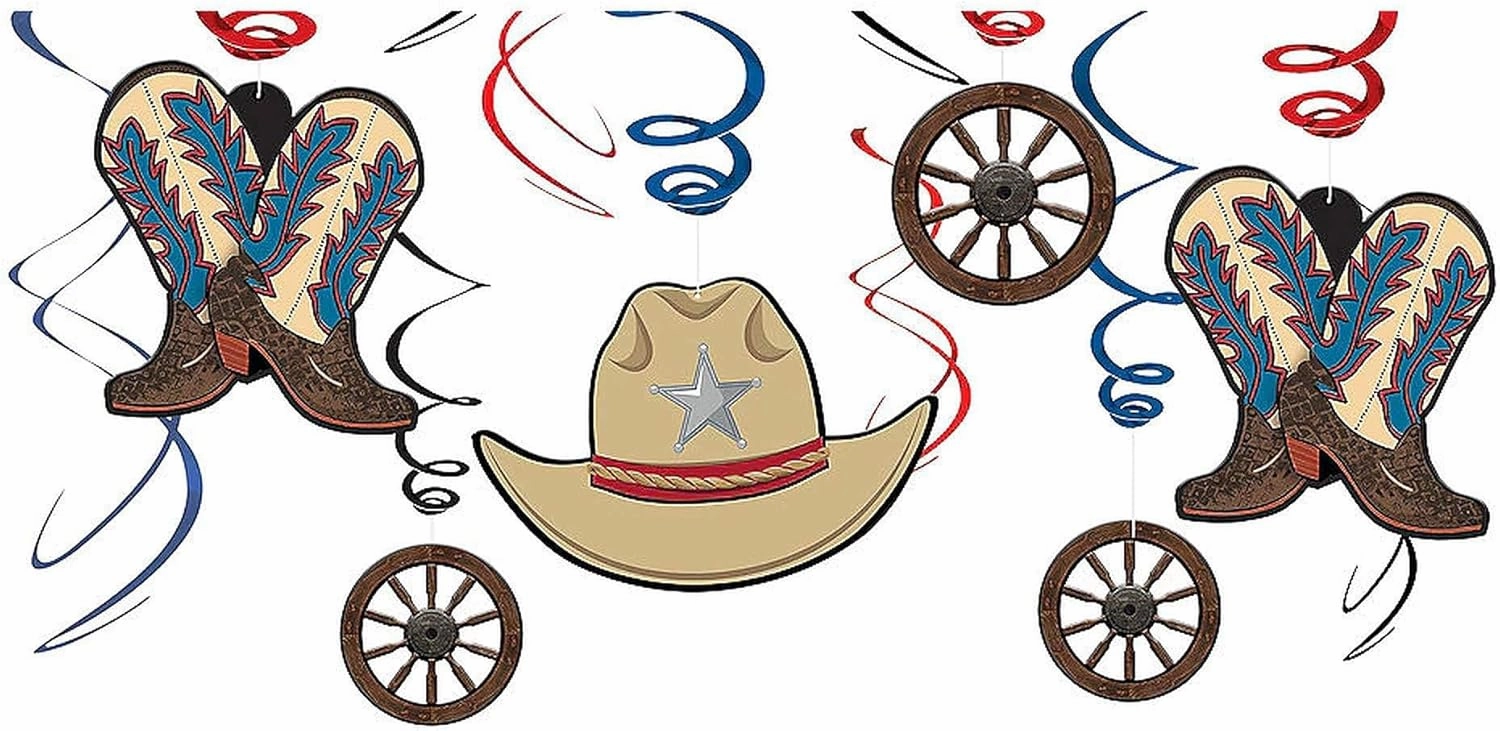 Western Party Hanging Swirl Decorations - (6 Packs of 12) - Red & Blue Swirl W/ Cowboy Cutouts, Perfect for Rustic, Rodeo & Wild West Themed Events - 72 Pc.