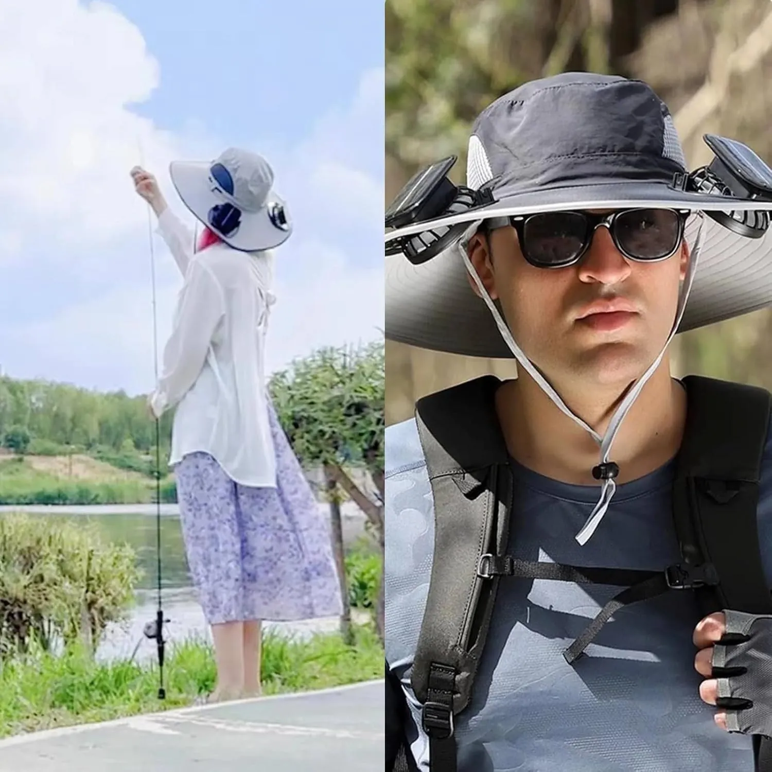 Wide Brim Solar Fan Hat,Fishing Hat with 2 Fan 3 Speed Men Women Outdoor Hat